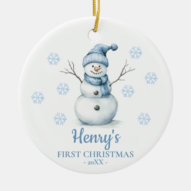 Snowman Personalized Baby's First Christmas Ceramic Ornament (Front)