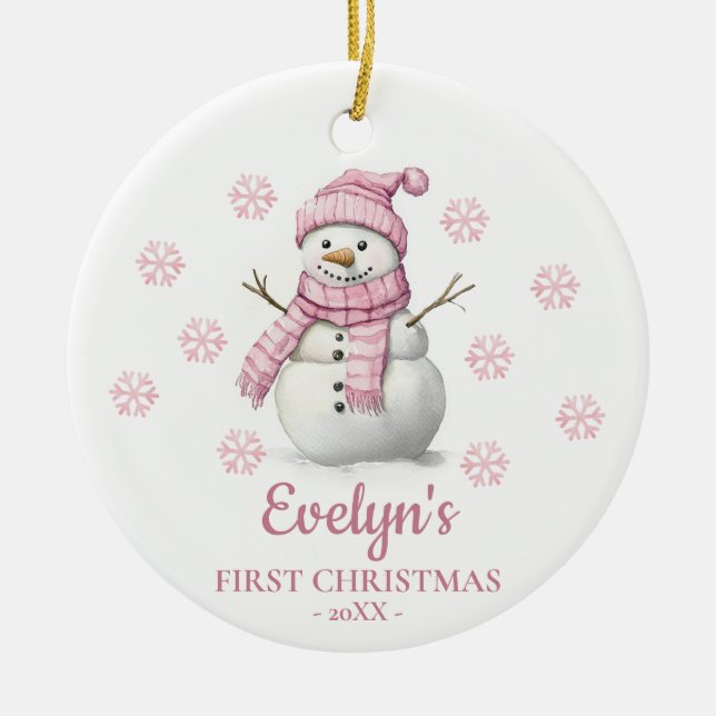 Snowman Personalized Girl's First Christmas Ceramic Ornament (Front)
