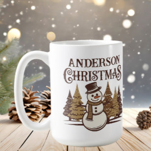 Snowman Pine Trees Family Name Christmas Coffee Mug
