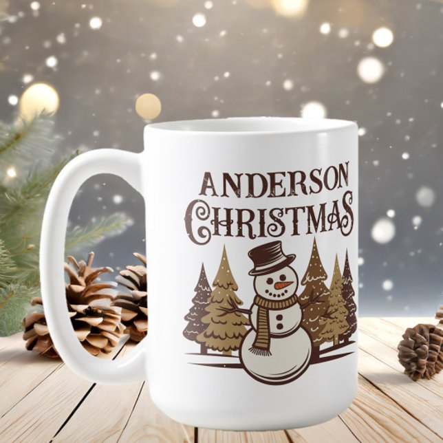 Snowman Pine Trees Family Name Christmas Coffee Mug (Rustic snowman family name Christmas mug)