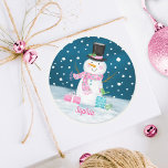 Snowman Pink Cute Personalised Christmas Holiday Classic Round Sticker<br><div class="desc">Cute navy blue,  pink and white snowman sticker. A fun finishing touch to your Christmas cards.</div>