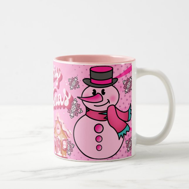 snowman pink, merry chrisnas Two-Tone coffee mug (Right)