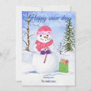 Snowman pink scarf candy-cane Happy snow days  Holiday Card