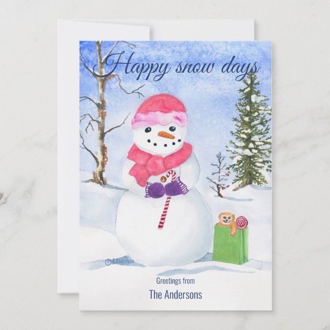 Snowman pink scarf candy-cane Happy snow days  Holiday Card (Front)