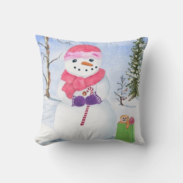 Snowman pink scarf candy-cane winter landscape  cushion (Front)