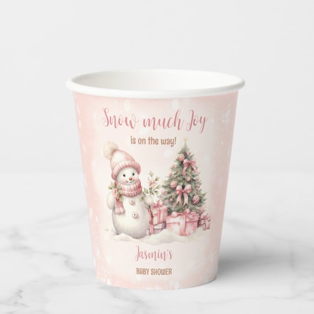 Snowman Pink Winter Christmas Girl Baby Shower Paper Cups (Front)