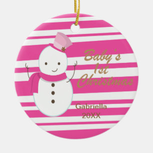 Snowman Pink Zebra Baby's 1st Christmas Ornament