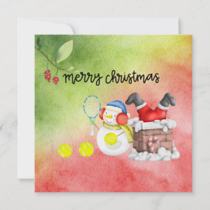 Snowman play tennis Christmas watercolor    Holiday Card