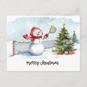 Snowman play tennis Christmas watercolor      Holiday Postcard