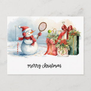 Snowman play tennis Christmas watercolor      Holiday Postcard