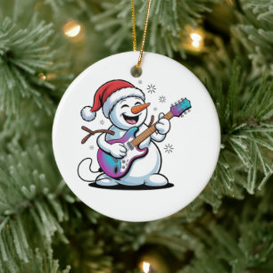 Snowman Playing Guitar Electric Rock Christmas Ceramic Ornament