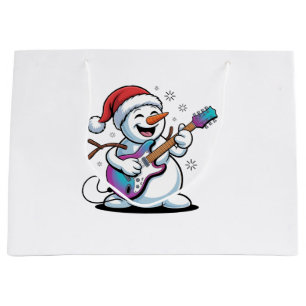 Snowman Playing Guitar Electric Rock Christmas  Large Gift Bag
