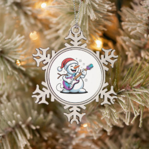 Snowman Playing Guitar Electric Rock Christmas Snowflake Pewter Christmas Ornament