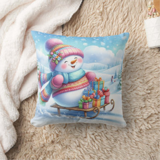 Snowman Playing in the Snow Cushion