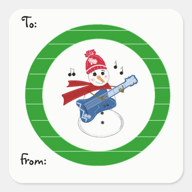 Snowman Playing Rock Guitar Square Sticker (Front)