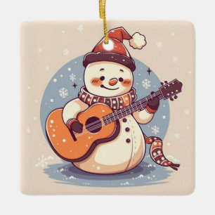 Snowman Playing the Guitar Ceramic Ornament