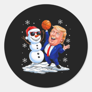 Snowman Plays Basketball With Trump Christmas Funn Classic Round Sticker