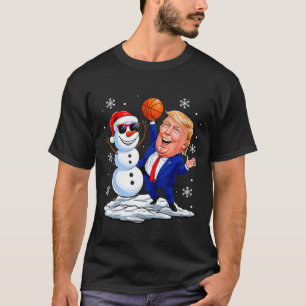Snowman Plays Basketball With Trump Christmas Funn T-Shirt
