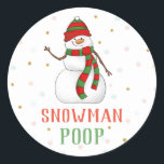 Snowman Poop Sticker Christmas Party Favor Labels<br><div class="desc">These cute Snowman Poop Round Stickers are perfect to stick on favor bags for your guests to bring home.   Simply fill a cello bag with marshmallows and stick a Snowman Poop sticker on it!  
 
 (c) The Happy Cat Studio
 All rights reserved</div>