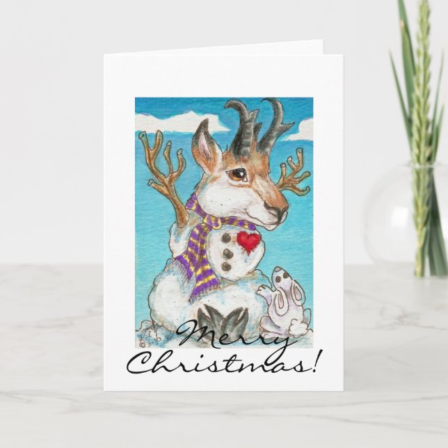 Snowman Pronghorn Antelope and Bunny Holiday Card (Front)