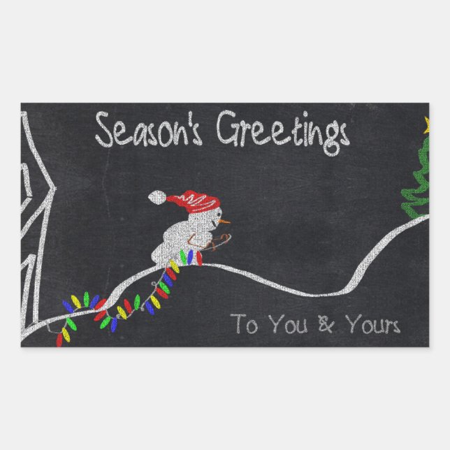 Snowman Pulling Christmas Lights Modern Holiday Rectangular Sticker (Front)