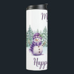 Snowman Purple Christmas Carrot Nose Scarf Winter Thermal Tumbler<br><div class="desc">This Snowman Purple Christmas Carrot Nose Scarf Winter Thermal Tumbler is the perfect winter accessory to keep your drinks and spirits bright. This unique tumbler features a charming snowman design with a playful carrot nose with purple hat and scarf in front of a snow covered winter forest scene adding a...</div>