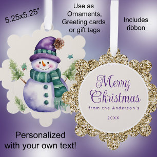 Snowman Purple Gold Green Merry Christmas Greeting Tree Decoration Card