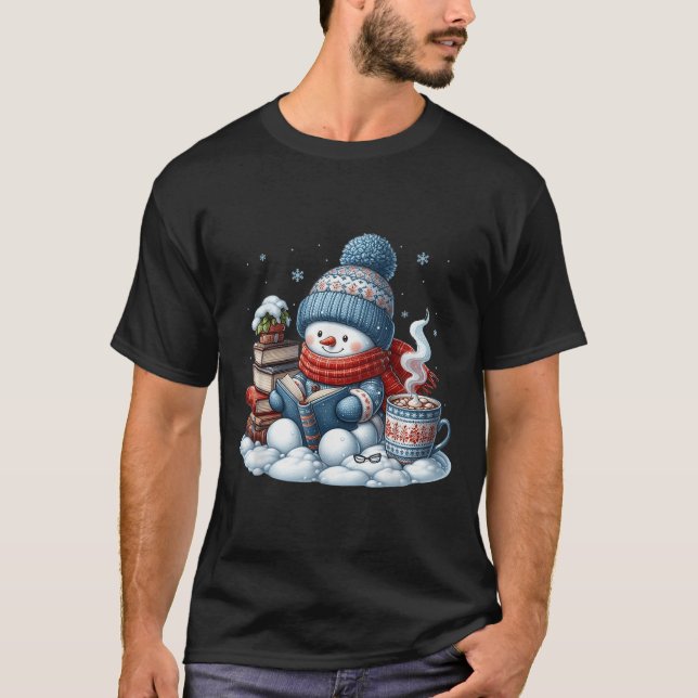 Snowman Reading Books Lovers Librarian Bookworm Ch T-Shirt (Front)