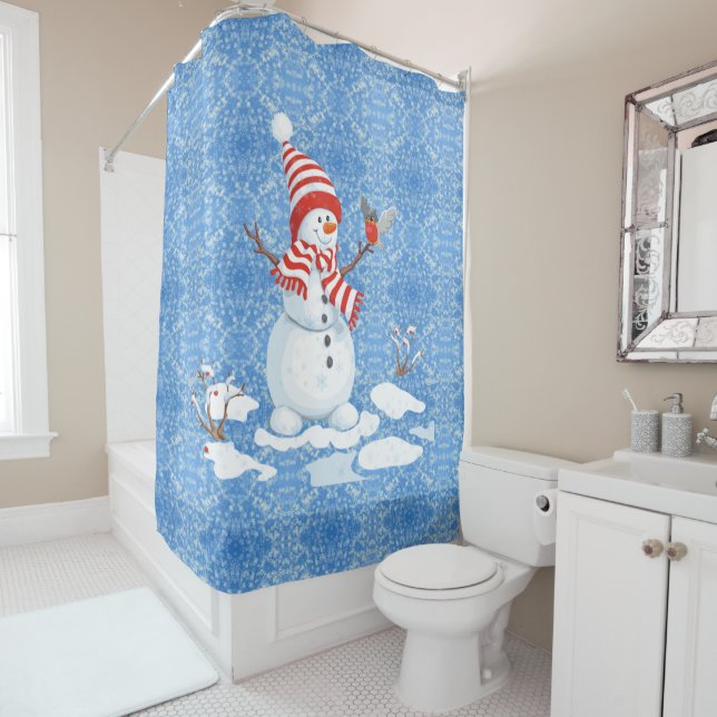 Snowman Red Bird Christmas Bathroom Tub Shower Cur Shower Curtain (In Situ)