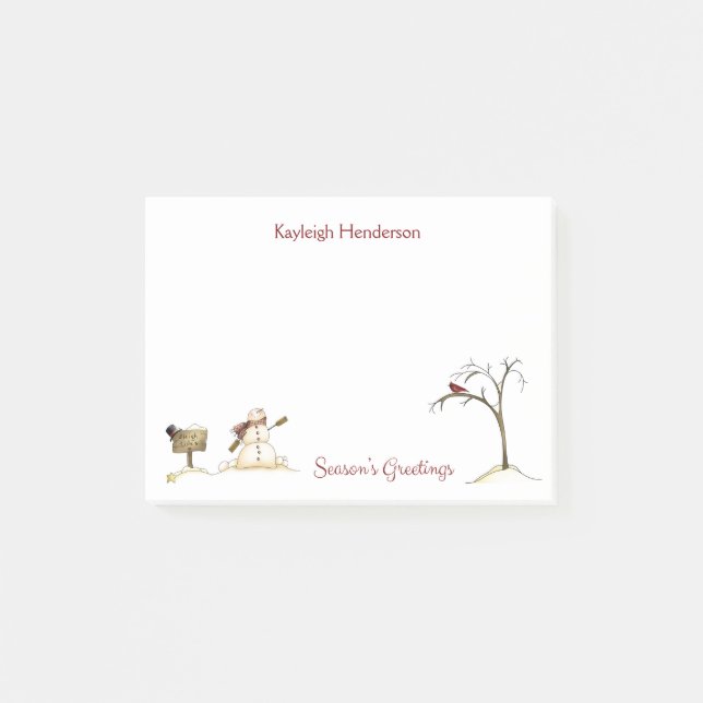 Snowman Red Bird Tree Winter Monogram Post-it Notes (Front)