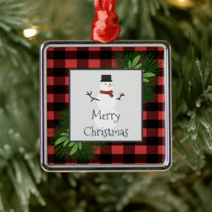 Snowman Red Buffalo Plaid Ceramic Ornament
