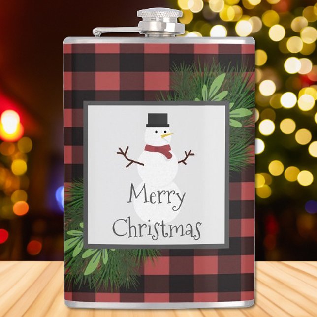 Snowman Red Buffalo Plaid Flask (Red Snowman Buffalo Plaid Flask)