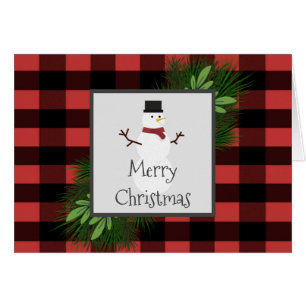 Snowman Red Buffalo Plaid Greeting Card