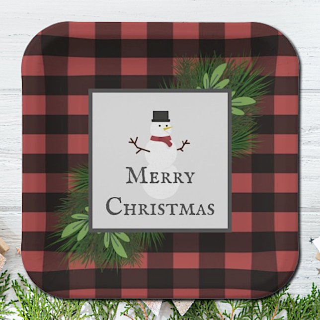 Snowman Red Buffalo Plaid Paper Plate (Red Snowman Buffalo Plaid Christmas Paper Plates)