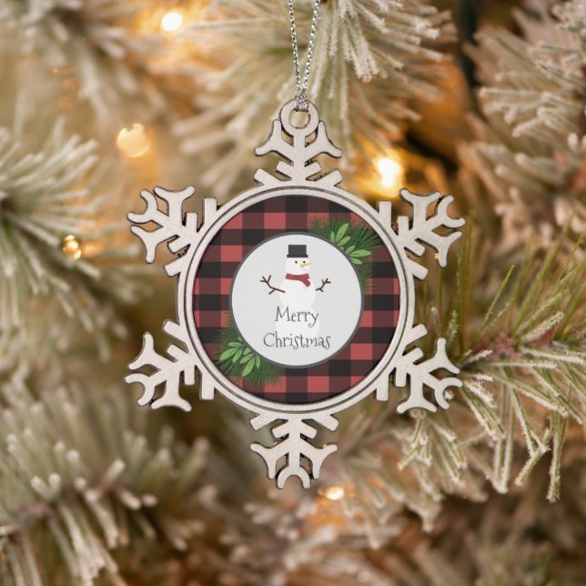Snowman Red Buffalo Plaid Snowflake Ornament (Tree)