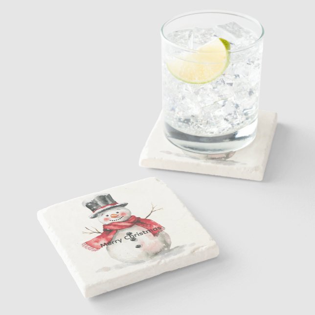 Snowman Red Scarf Christmas Stone Coaster (Side)