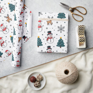 Snowman Reindeer Christmas Tree Pattern Wrapping Paper