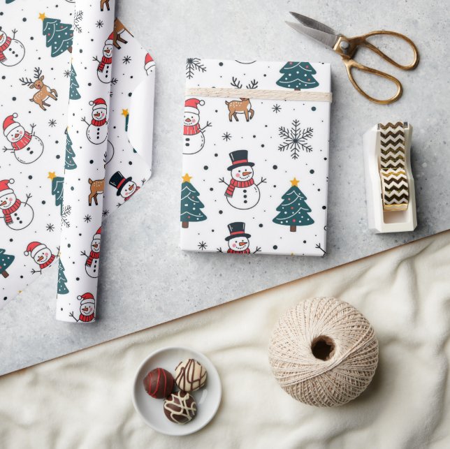 Snowman Reindeer Christmas Tree Pattern Wrapping Paper (Crafts)