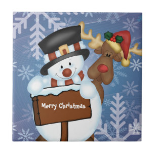 Snowman & Reindeer Customisable Tile