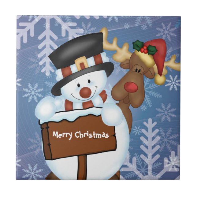 Snowman & Reindeer Customisable Tile (Front)