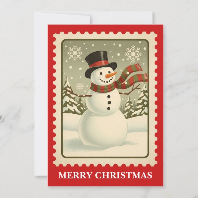Snowman | Retro Postage Stamp Christmas Card (Front)