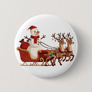 Snowman Riding a Christmas Sleigh Santa Hat Xmas 6 Cm Round Badge
