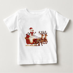 Snowman Riding a Christmas Sleigh Santa Hat Xmas Baby T-Shirt