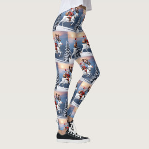 Snowman riding a reindeer Cute Christmas design Leggings