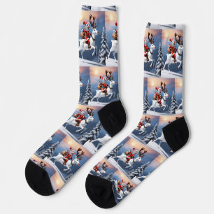 Snowman riding a reindeer Cute Christmas design Socks