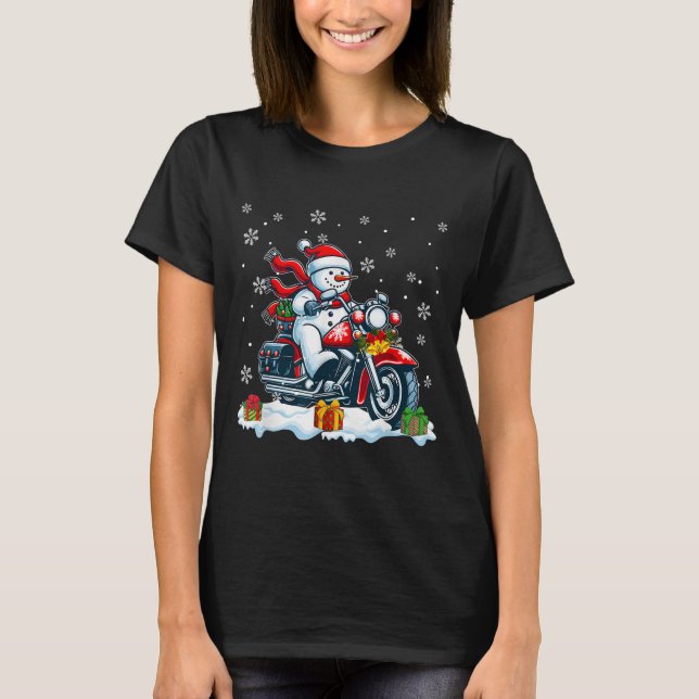 Snowman Riding Motorcycle Christmas Biker Funny Te T-Shirt (Front)