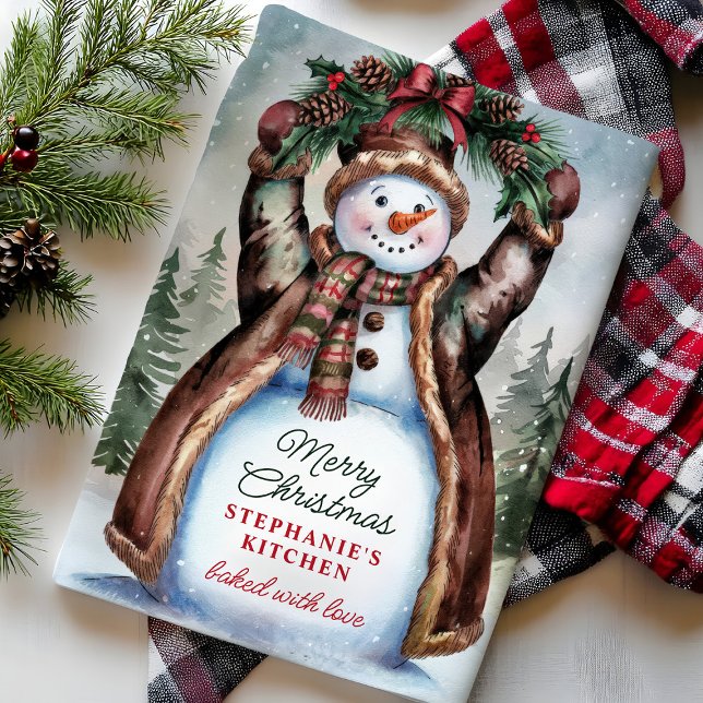 Snowman Rustic Merry Christmas Tea Towel (Creator Uploaded)