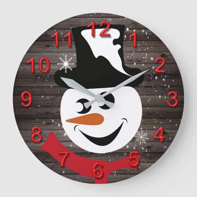 Snowman rustic wood winter snow large clock (Front)