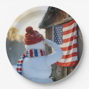 Snowman Saluting an American Flag Paper Plate