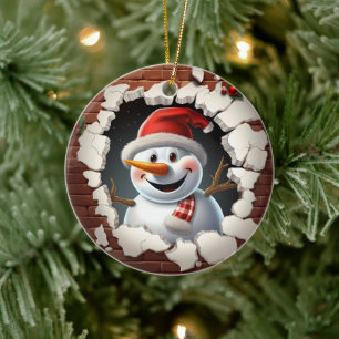 Snowman Santa Hat - 3D Ceramic Ornament